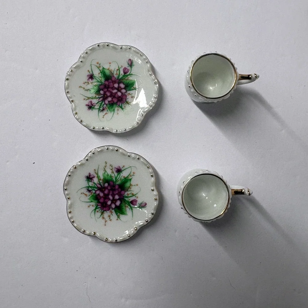 Miniature Porcelain Tea Set 11pc Purple Floral Gold Trim Teapot Cups Spoons